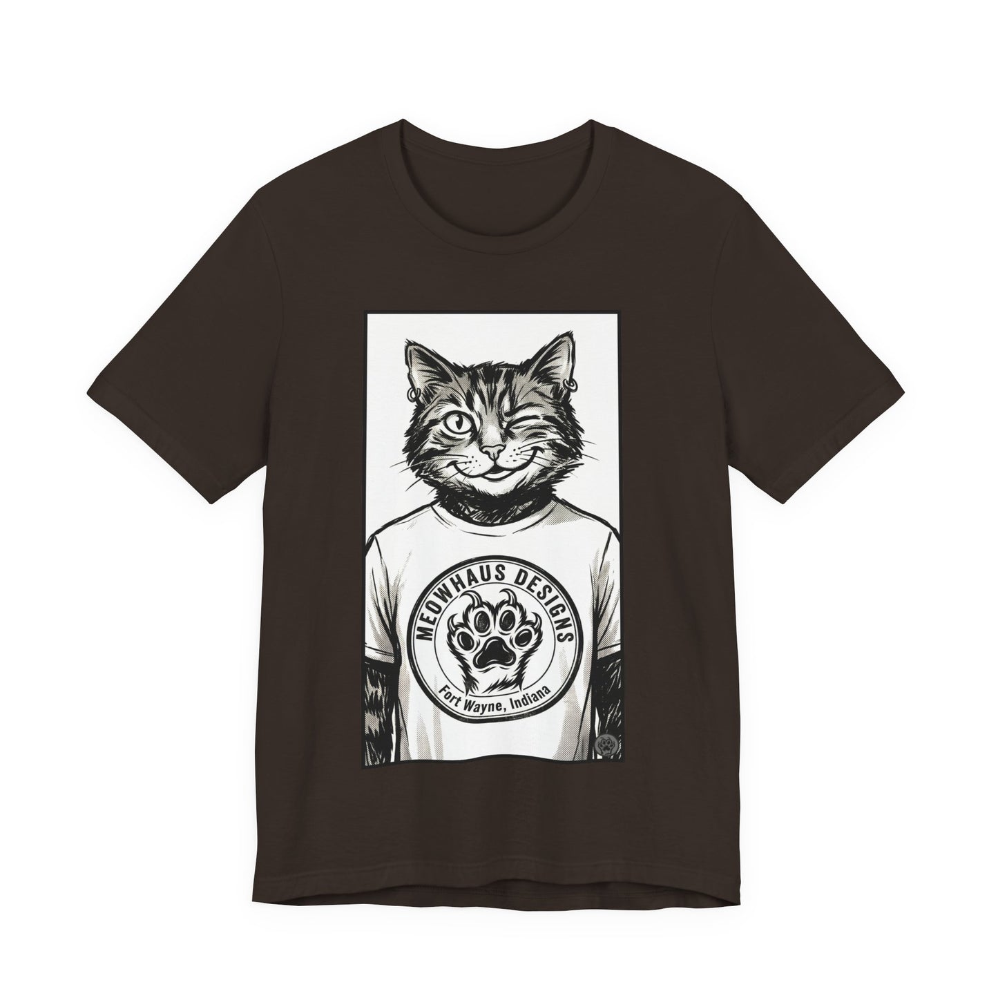 WinkyCat - Wearing the MHD Logo T-Shirt - Cat Portrait T‑Shirt — Retro Graphic Cat Wearing Logo Tee