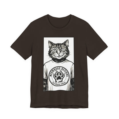 WinkyCat - Wearing the MHD Logo T-Shirt - Cat Portrait T‑Shirt — Retro Graphic Cat Wearing Logo Tee