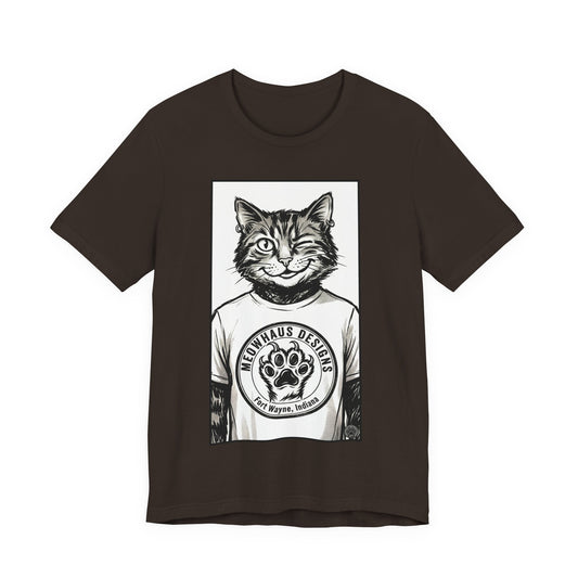 WinkyCat - Wearing the MHD Logo T-Shirt - Cat Portrait T‑Shirt — Retro Graphic Cat Wearing Logo Tee