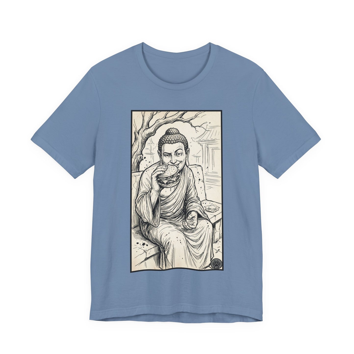 Bad Buddha Cheeseburger Sketch Tee — Humor Illustration T-Shirt
