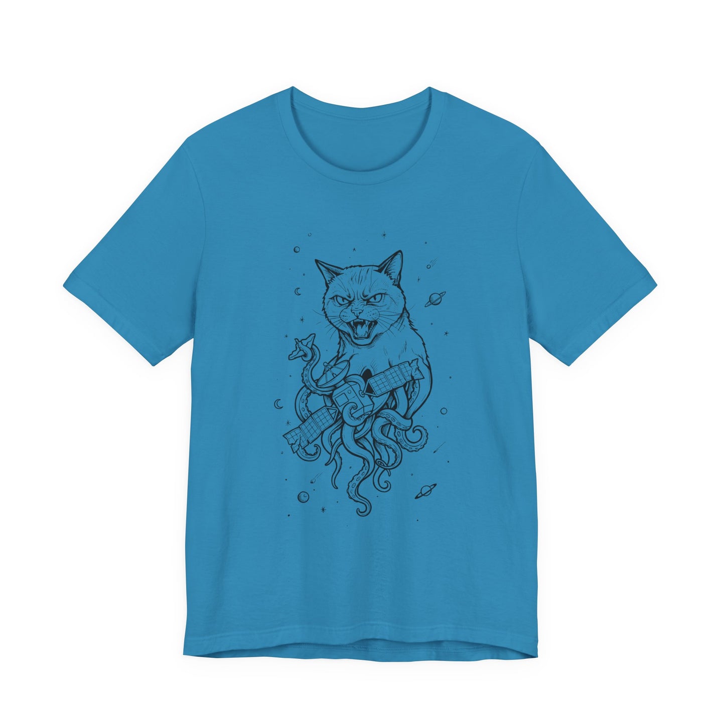 AlienCat In Space - Black Outline - Cat Kraken Illustration T-Shirt — Nautical Mythical Cat with Octopus Tentacles Tee