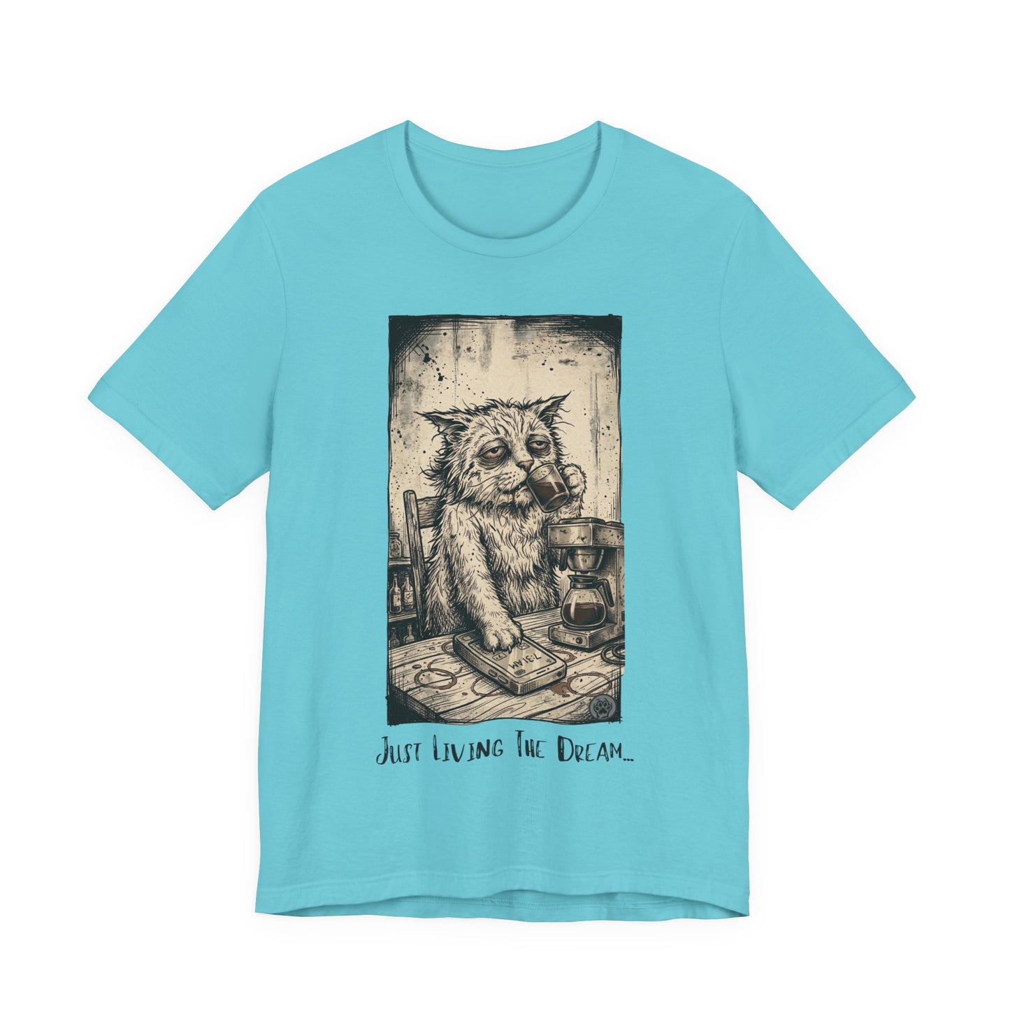 Scraps - Tired Cat Illustration Tee — "Just Living the Dream" Vintage Coffee Cat T-Shirt