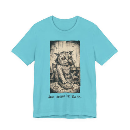 Scraps - Tired Cat Illustration Tee — "Just Living the Dream" Vintage Coffee Cat T-Shirt