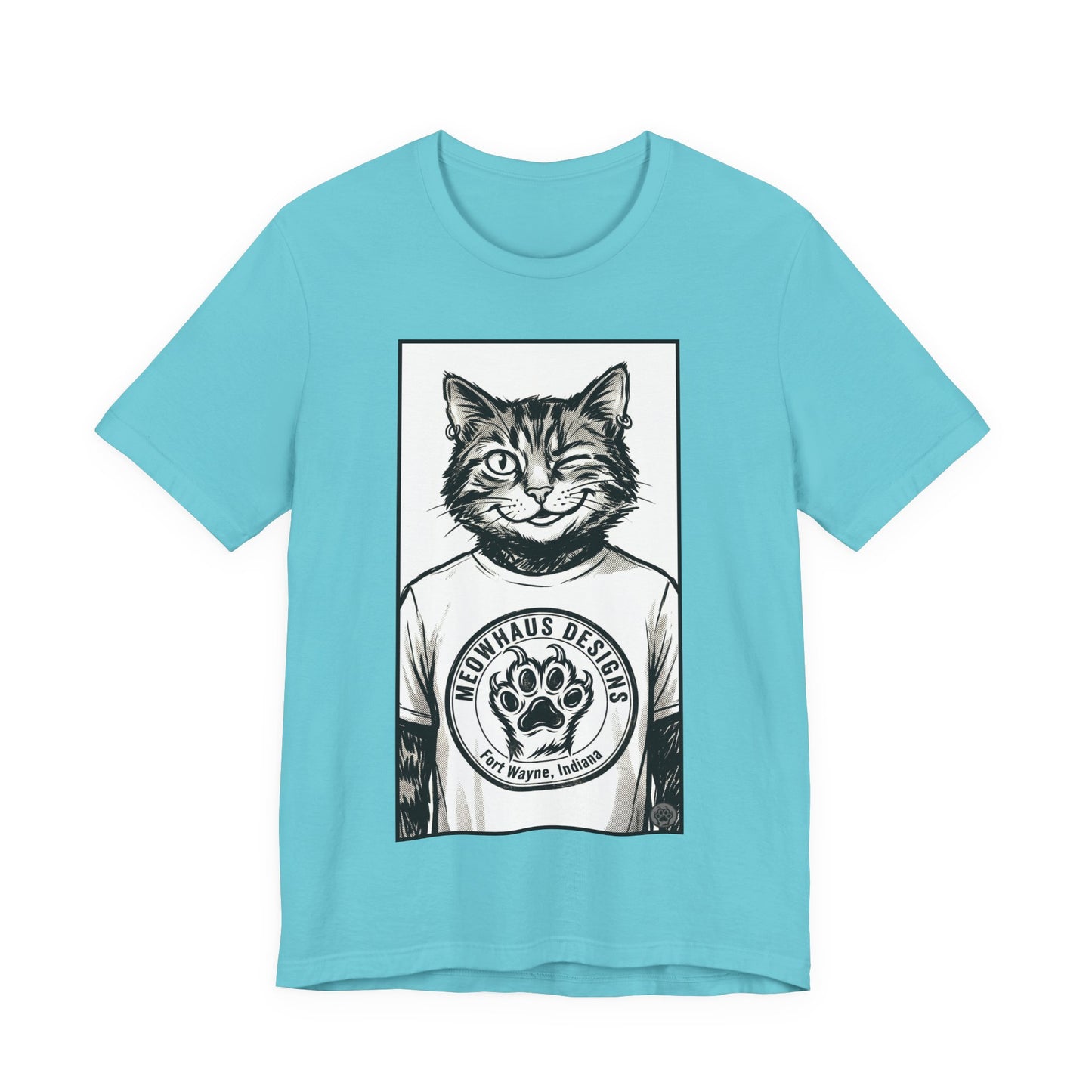 WinkyCat - Wearing the MHD Logo T-Shirt - Cat Portrait T‑Shirt — Retro Graphic Cat Wearing Logo Tee