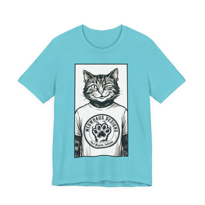 WinkyCat - Wearing the MHD Logo T-Shirt - Cat Portrait T‑Shirt — Retro Graphic Cat Wearing Logo Tee