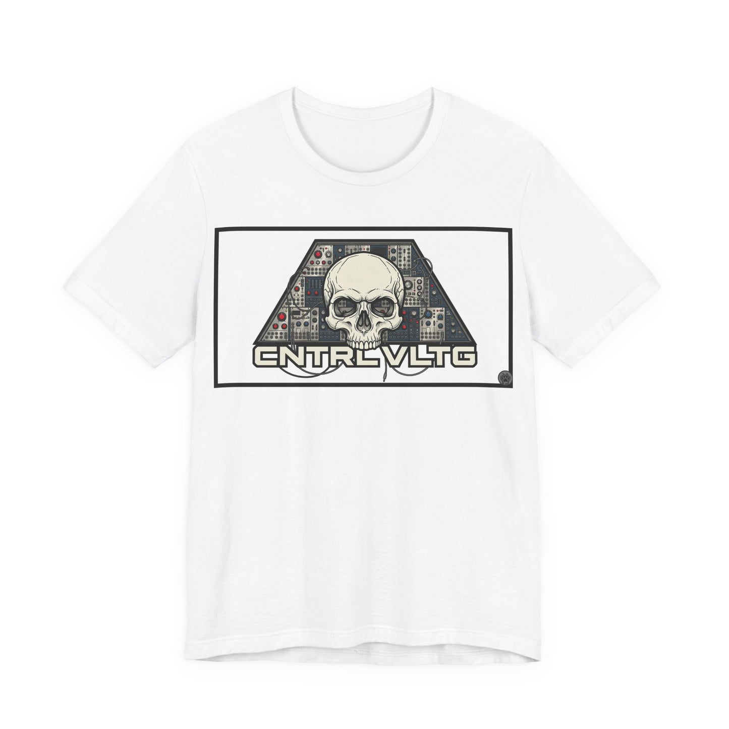 CV Control Voltage = TriBase White - Modular Synth Skull Analog Circuit Tee — “CNTRL VLTG” Retro Tech Graphic T-Shirt