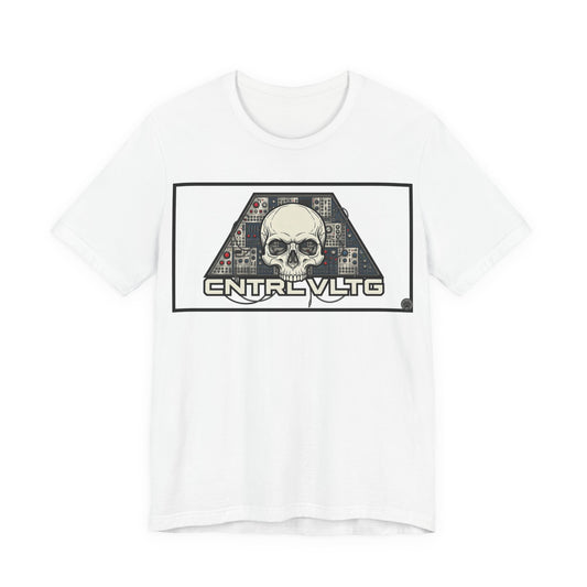CV Control Voltage = TriBase White - Modular Synth Skull Analog Circuit Tee — “CNTRL VLTG” Retro Tech Graphic T-Shirt