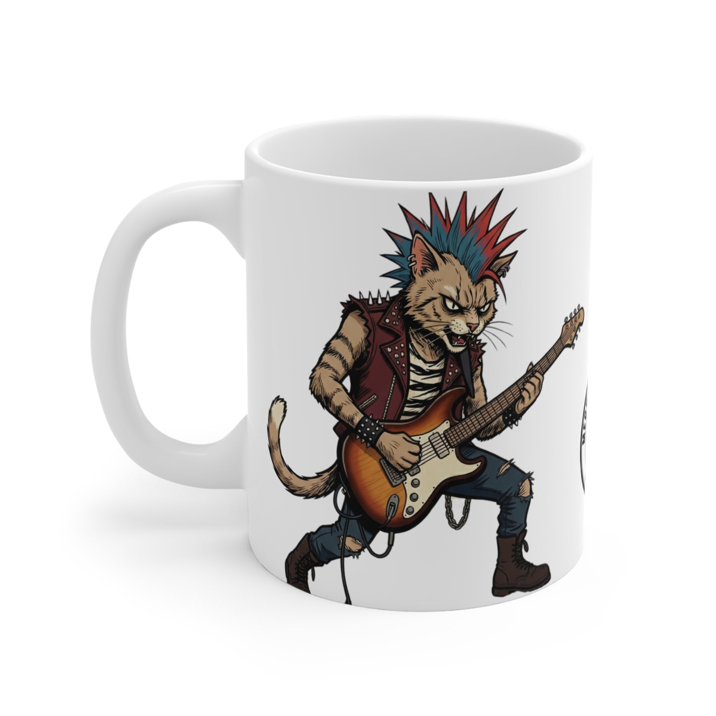 PunkCat - 11oz Mug Ambi Handle — Punk Rock Cat Playing Guitar 11oz Ceramic Coffee Mug