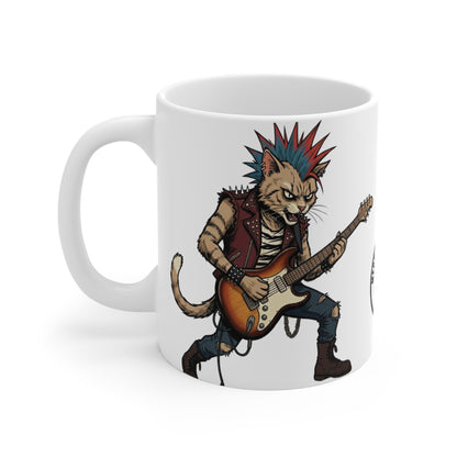 PunkCat - 11oz Mug Ambi Handle — Punk Rock Cat Playing Guitar 11oz Ceramic Coffee Mug