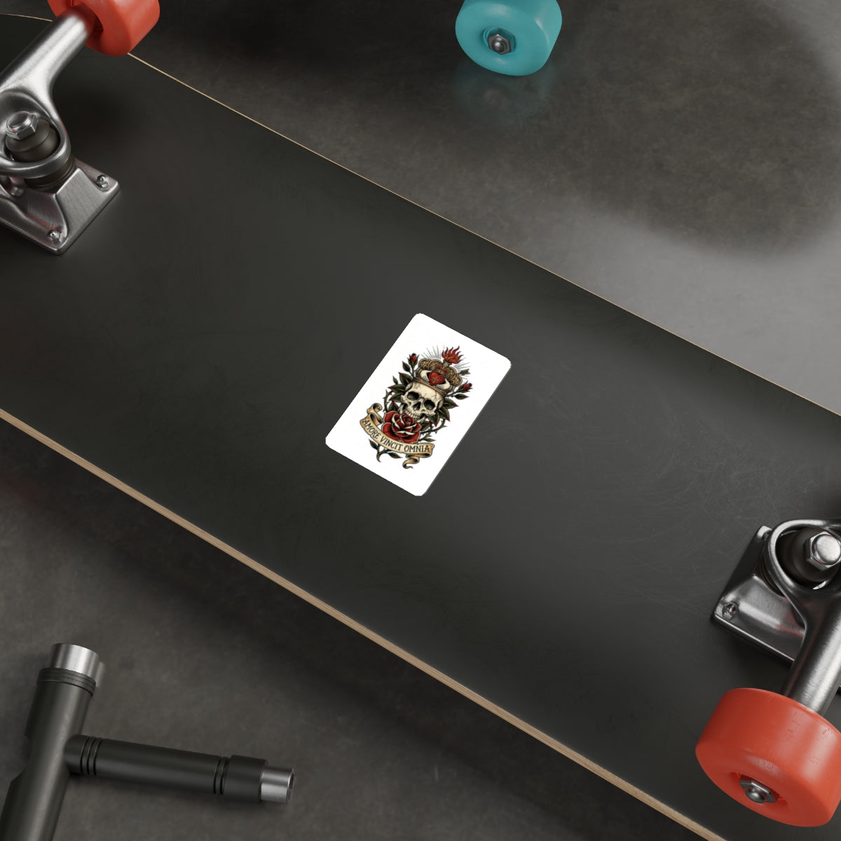 AVO-2 Claddagh Crown - Skull & Rose Die-Cut Sticker — 'Amore Vincit Omnia' Gothic Vintage Tattoo Design