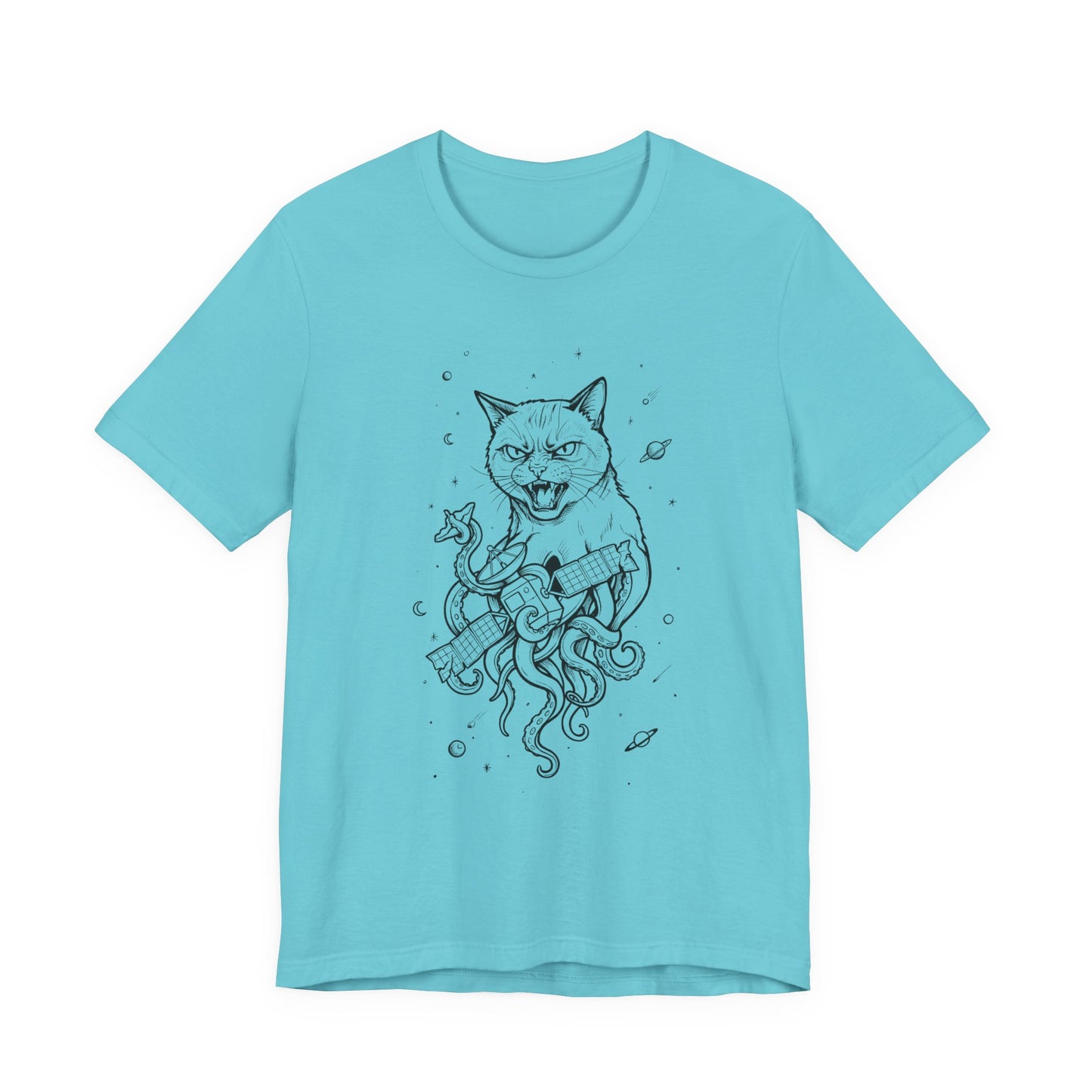 AlienCat In Space - Black Outline - Cat Kraken Illustration T-Shirt — Nautical Mythical Cat with Octopus Tentacles Tee