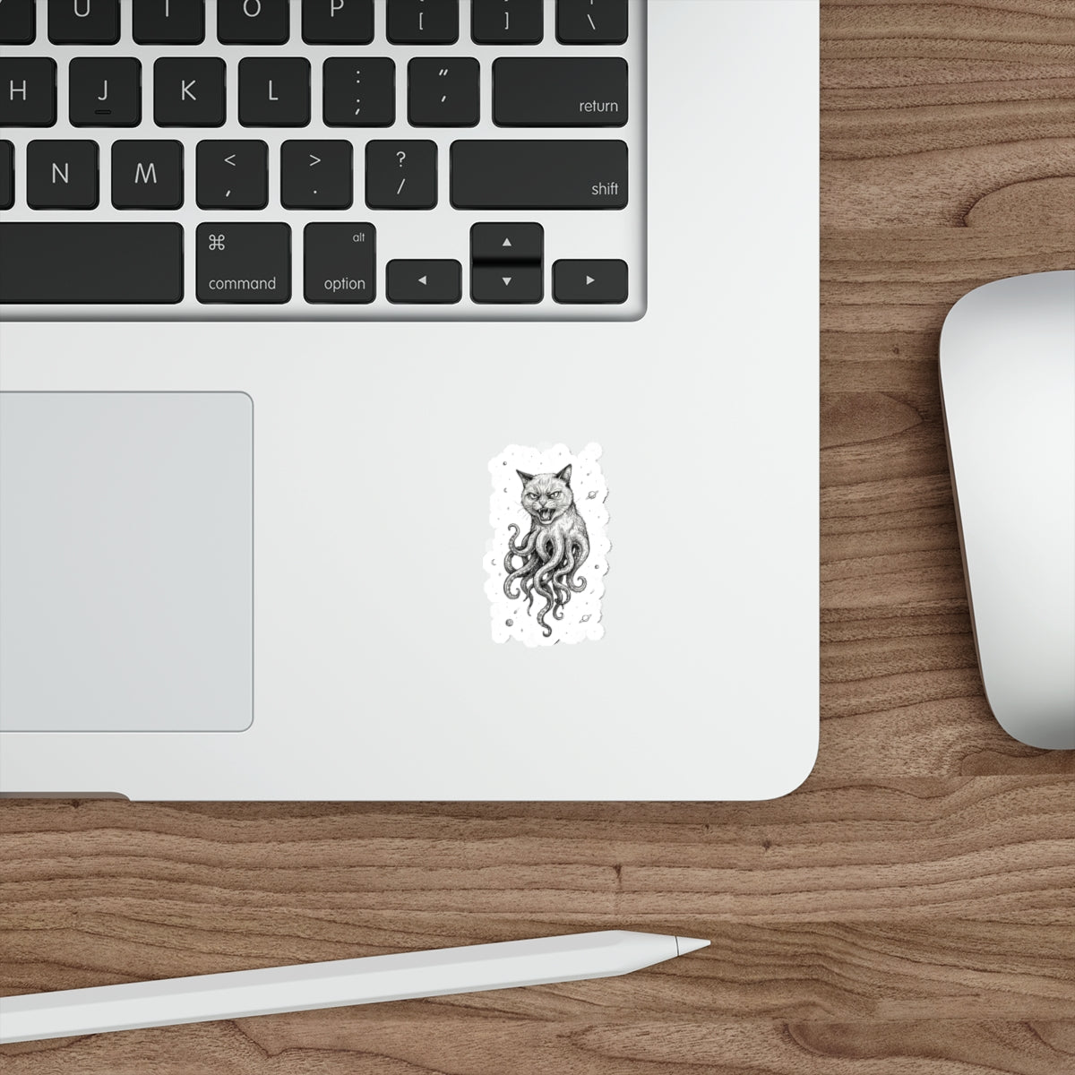 AlienCat In Space! - Die-Cut Sticker — Gothic Cat with Octopus Tentacles (Black & White Illustration)