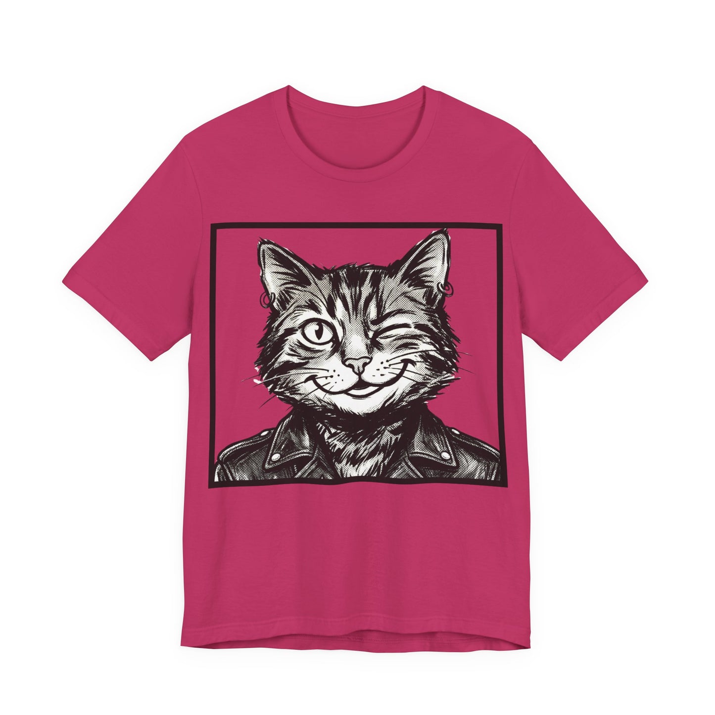 WinkyCat - Leather Jacket (NO Gesture) - Winking Cat Portrait Tee – Retro Rocker Biker Cat Graphic T-Shirt