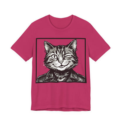 WinkyCat - Leather Jacket (NO Gesture) - Winking Cat Portrait Tee – Retro Rocker Biker Cat Graphic T-Shirt