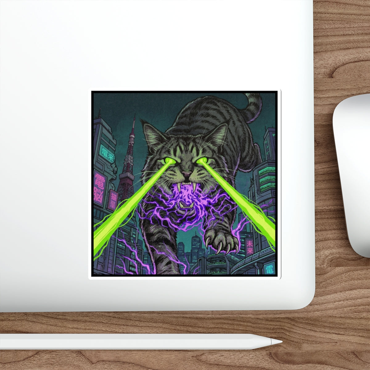 CityCat Attacks! - Green Lasers - Laser-Eyed Cat Sticker — Cyberpunk Neon City Die-Cut Sticker