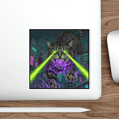 CityCat Attacks! - Green Lasers - Laser-Eyed Cat Sticker — Cyberpunk Neon City Die-Cut Sticker