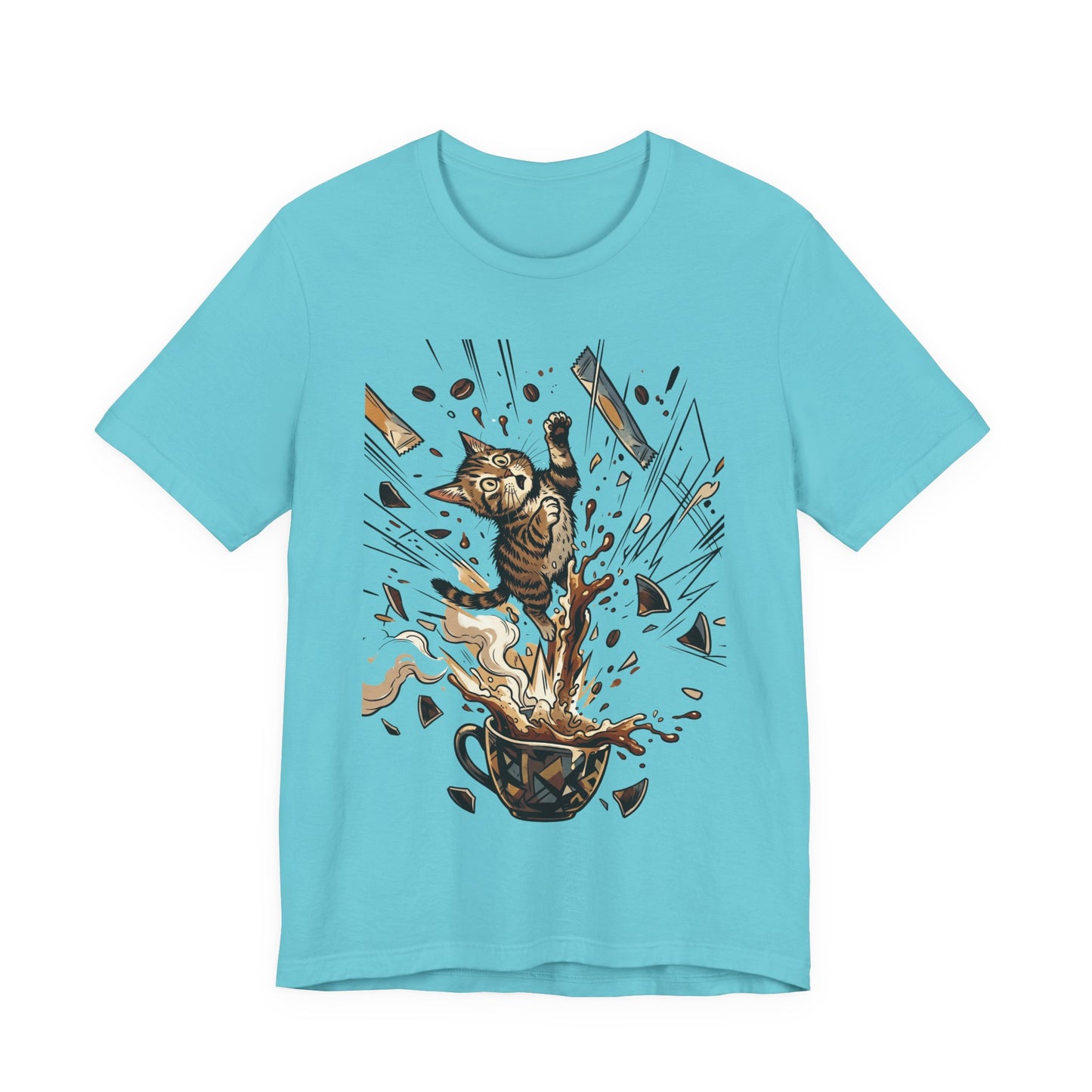 VOID - Cat Jumping Out of Coffee Cup T-Shirt – Exploding Coffee Cat Design