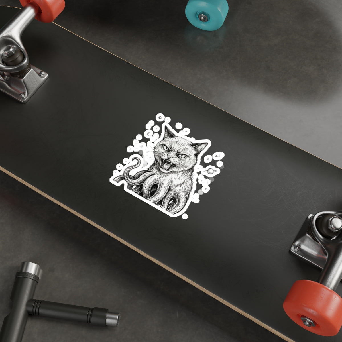 AlienCat In Space! - Mutant Creature Die-Cut Sticker — Black & White Gothic Cat with Octopus Tentacles