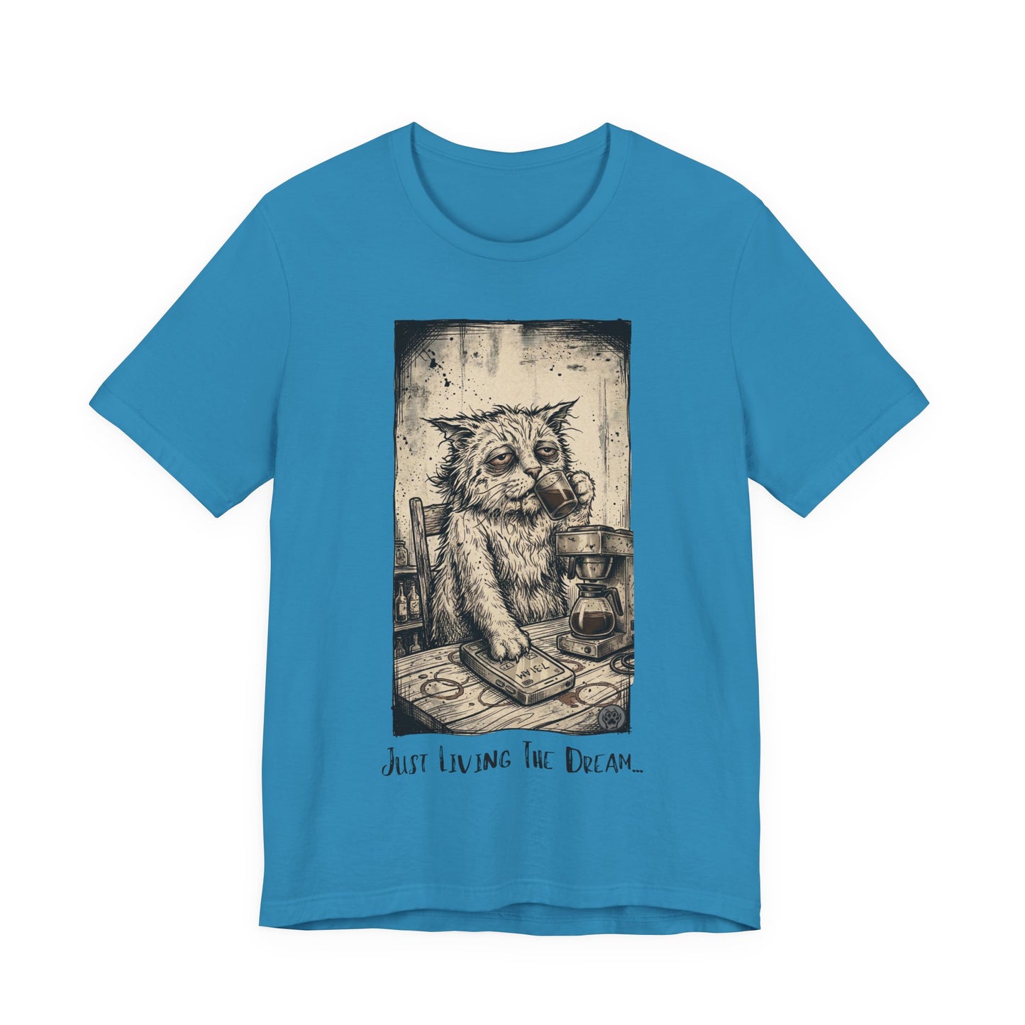 Scraps - Tired Cat Illustration Tee — "Just Living the Dream" Vintage Coffee Cat T-Shirt
