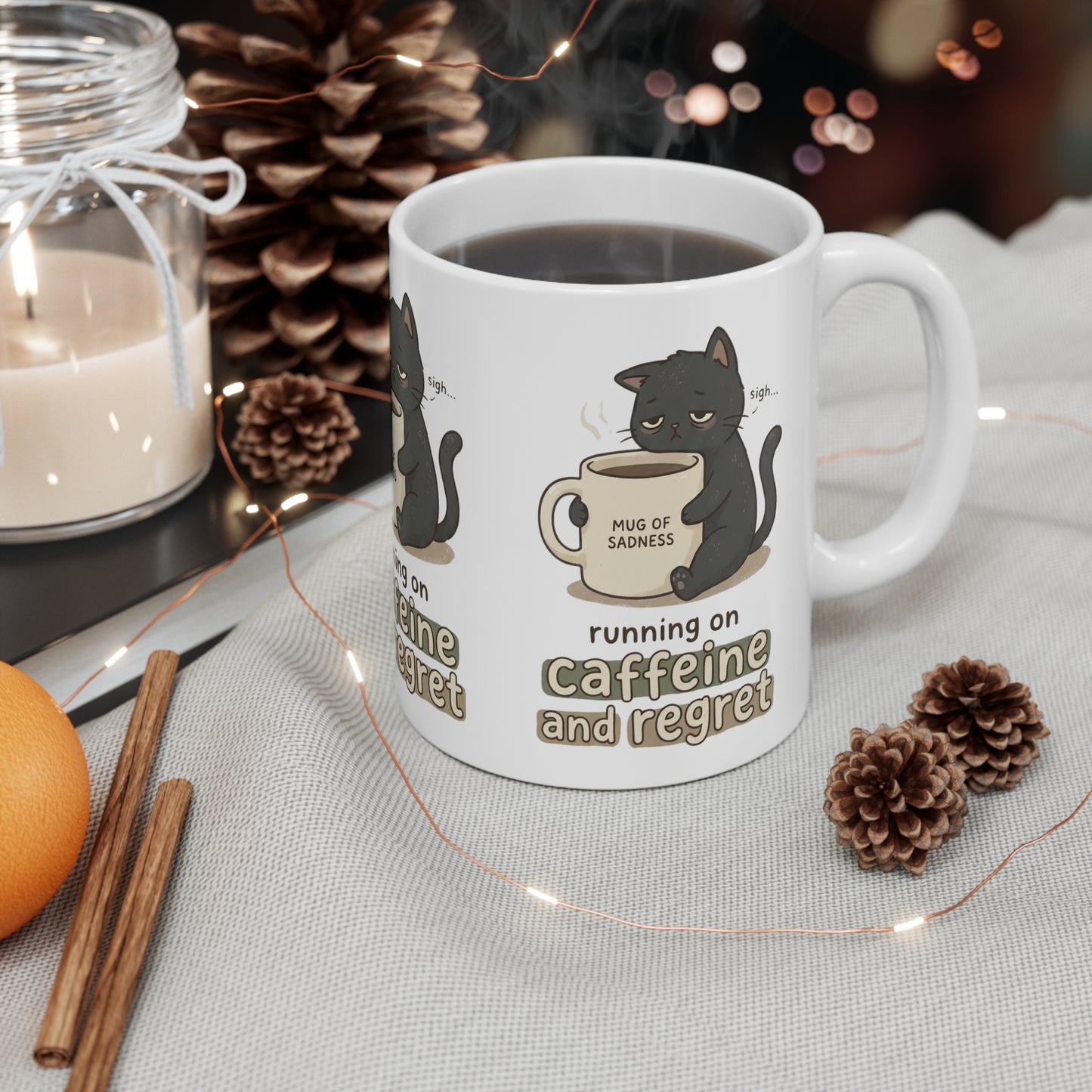 VOID - Running on Caffeine and Regret Mug — Cute Black Cat 'Mug of Sadness' 11oz Coffee Cup