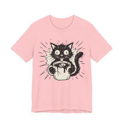 VOID - Cat & Coffee Tee — Cute Crazy Cat Holding Mug Graphic T-Shirt