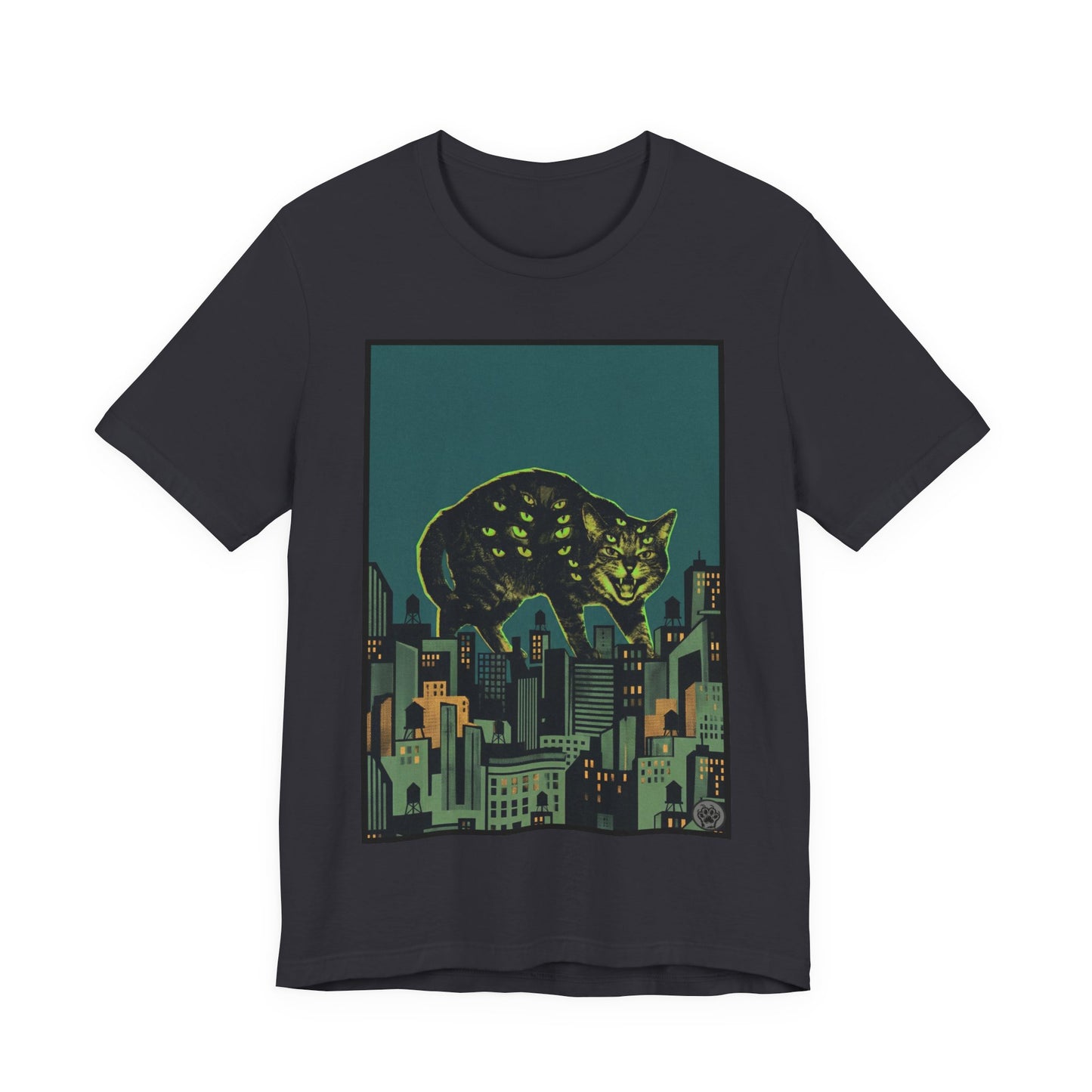 City Cat Attacks! - Green Collage Poster Original - Giant Night Cat Cityscape Tee
