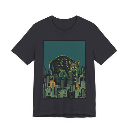City Cat Attacks! - Green Collage Poster Original - Giant Night Cat Cityscape Tee