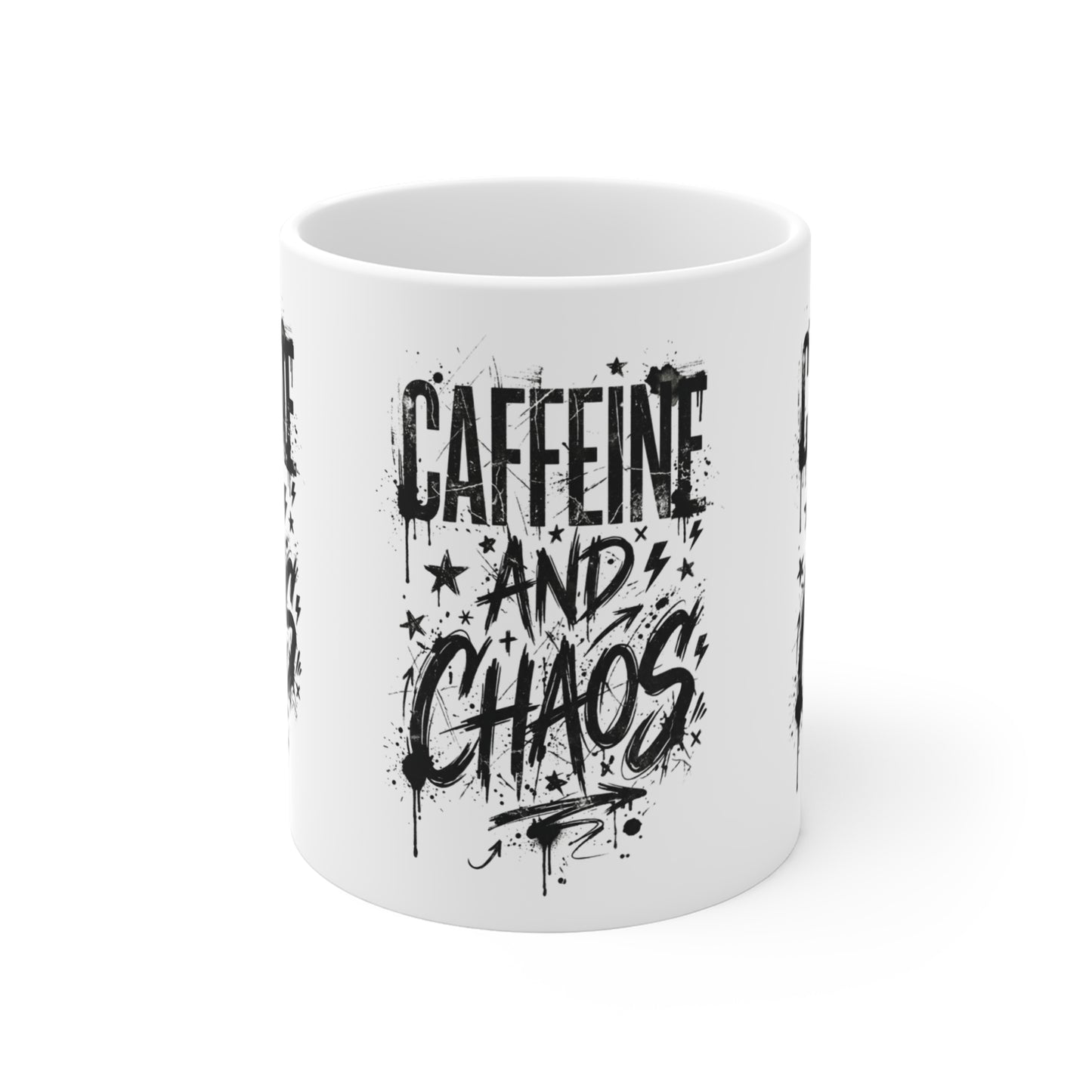 VOID - Caffeine and Chaos Mug — 11oz Coffee Cup with Bold Graffiti Typography