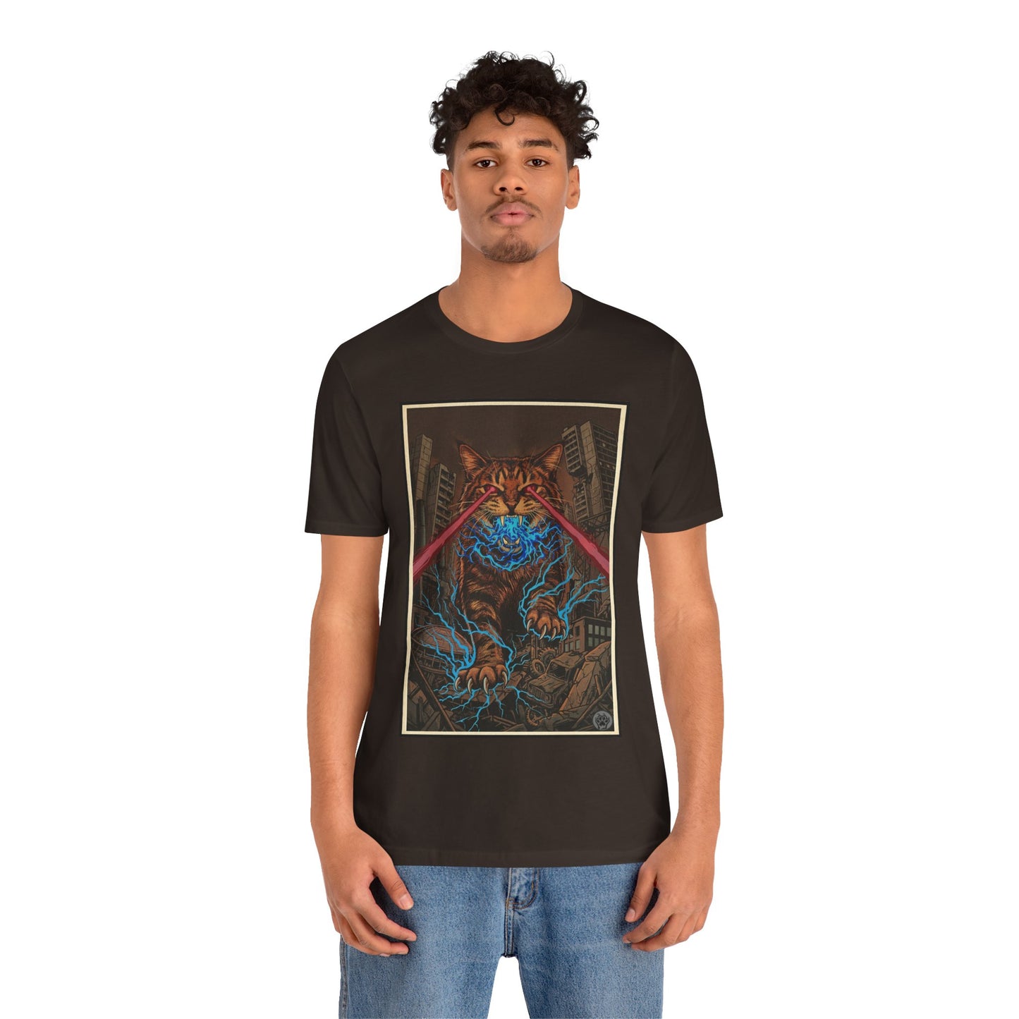CityCat Attacks! Dark with Red Lasers - Tiger Kitty Kaiju Tee — Laser-Eyed Monster Cityscape T-Shirt