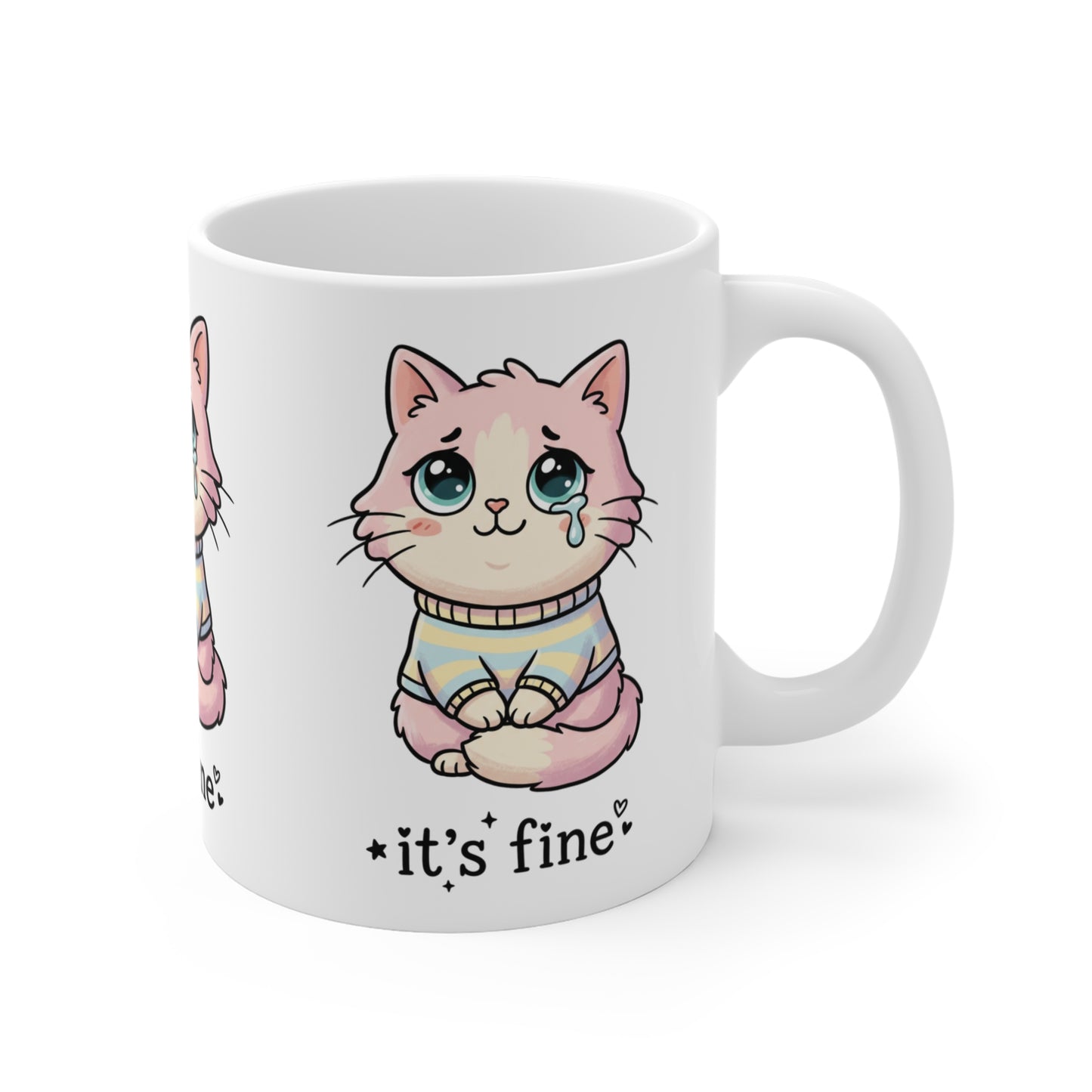 VOID - It's Fine Cat Mug — Cute Pastel Crying Cat 11oz Coffee Cup