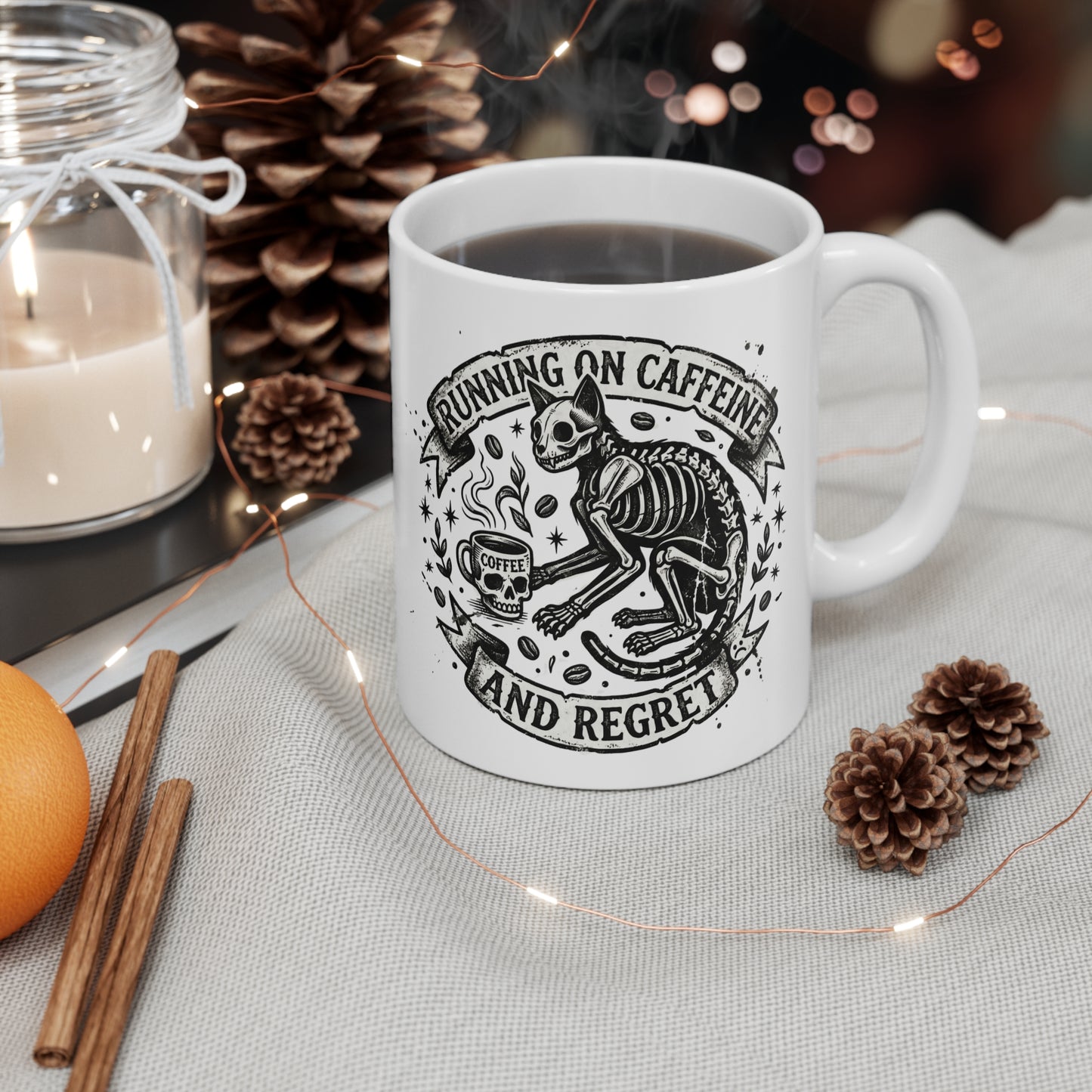 VOID - Running on Caffeine and Regret Coffee Mug — Skeleton Cat Skull Design, Gothic Coffee Cup, Funny Dark Humor Gift for Cat Lovers