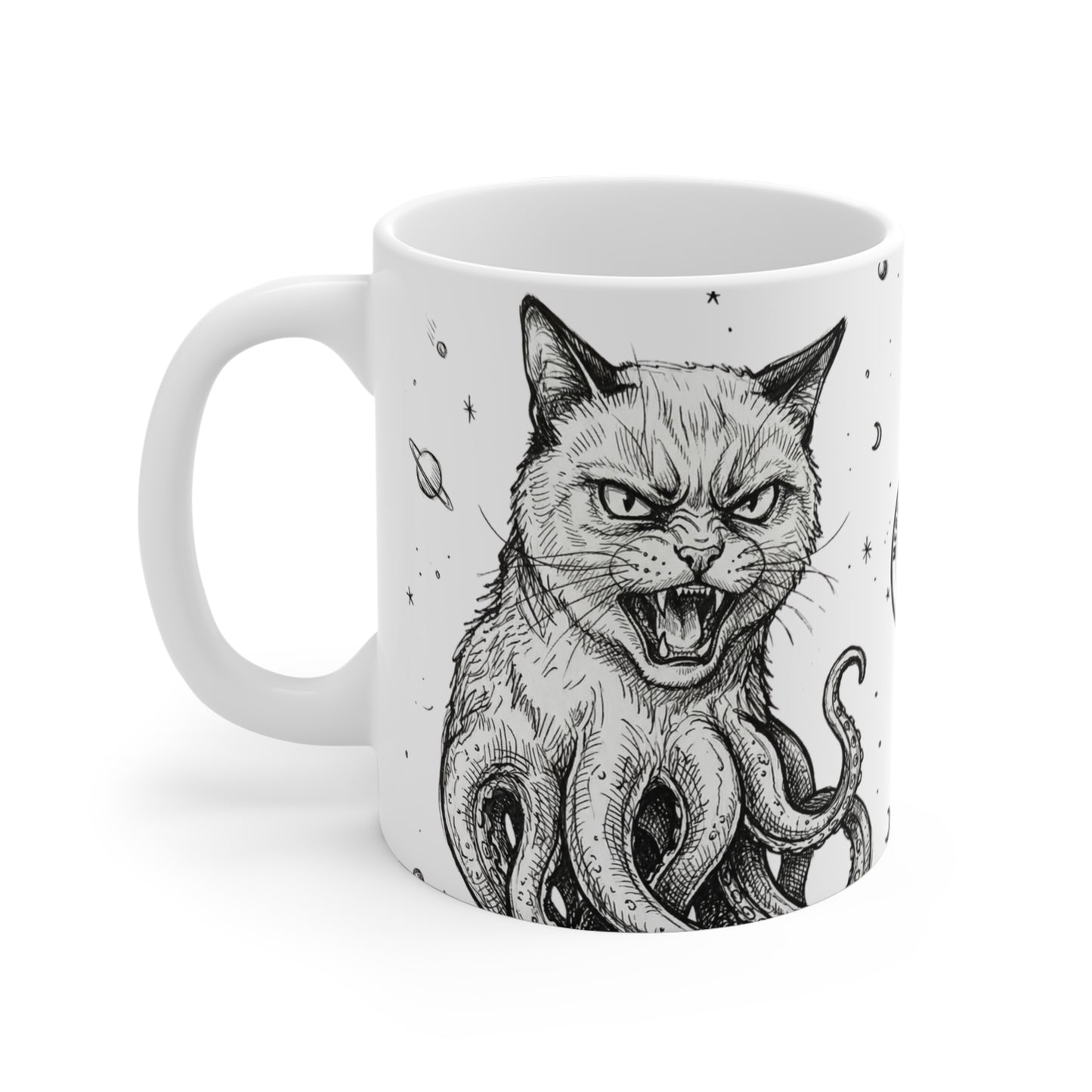 AlienCat In Space! - 11oz Mug Ambi Handle — Octocat Cat Tentacle Coffee Cup (Black & White Gothic Cat Art)
