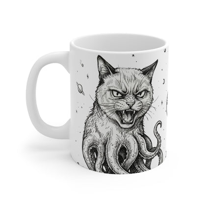AlienCat In Space! - 11oz Mug Ambi Handle — Octocat Cat Tentacle Coffee Cup (Black & White Gothic Cat Art)