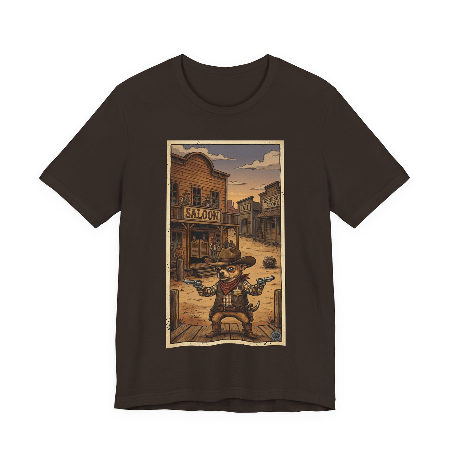 SheriffPaco - Vertical - Chihuahua Sheriff Western Saloon Showdown T-Shirt — Vintage Cowboy Sheriff Puppy Dog Graphic Tee
