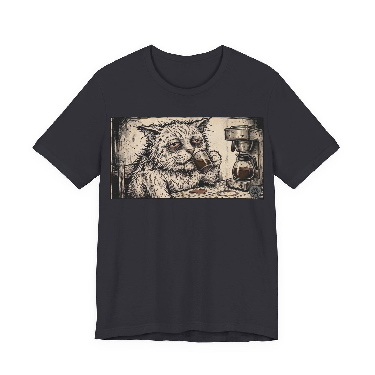 Scraps "GFM" Horizontal - Cat Drinking Coffee T‑Shirt — Vintage Sketch Tired Depressed Cat Drinking Coffee Graphic Tee