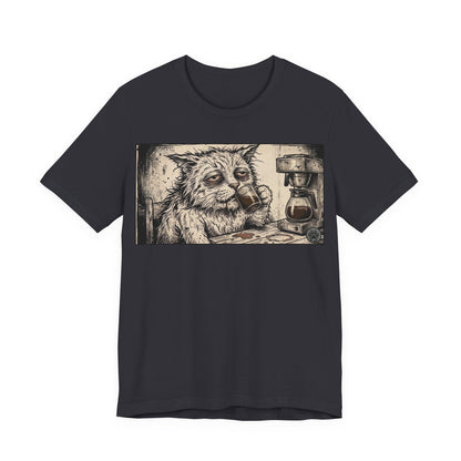 Scraps "GFM" Horizontal - Cat Drinking Coffee T‑Shirt — Vintage Sketch Tired Depressed Cat Drinking Coffee Graphic Tee