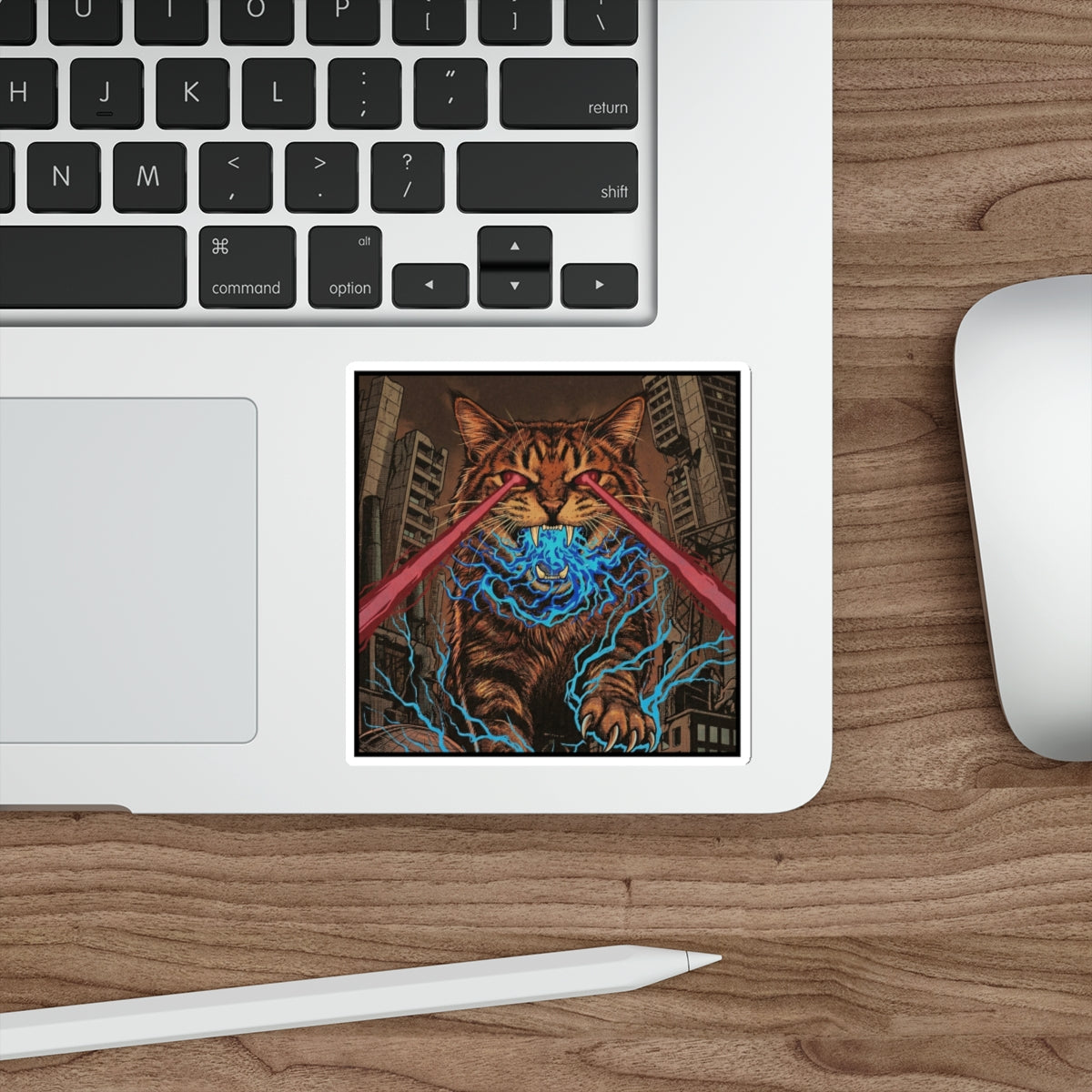 CityCat Attacks! - Dark - Red Lasers - Laser-Eyed Cat Die-Cut Sticker — Retro Kaiju City Illustration