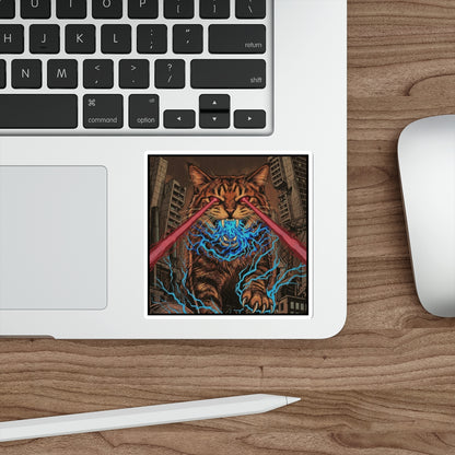 CityCat Attacks! - Dark - Red Lasers - Laser-Eyed Cat Die-Cut Sticker — Retro Kaiju City Illustration