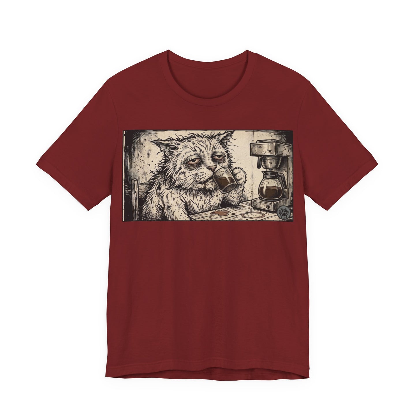 Scraps "GFM" Horizontal - Cat Drinking Coffee T‑Shirt — Vintage Sketch Tired Depressed Cat Drinking Coffee Graphic Tee