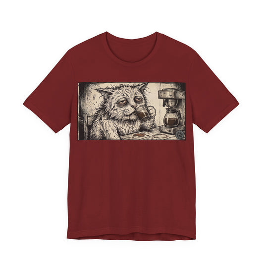 Scraps "GFM" Horizontal - Cat Drinking Coffee T‑Shirt — Vintage Sketch Tired Depressed Cat Drinking Coffee Graphic Tee