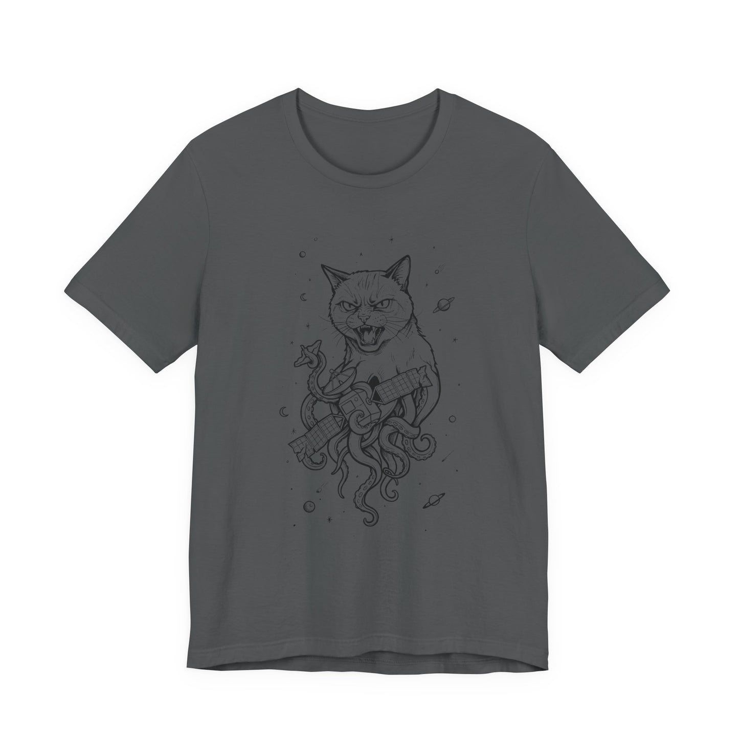 AlienCat In Space - Black Outline - Cat Kraken Illustration T-Shirt — Nautical Mythical Cat with Octopus Tentacles Tee