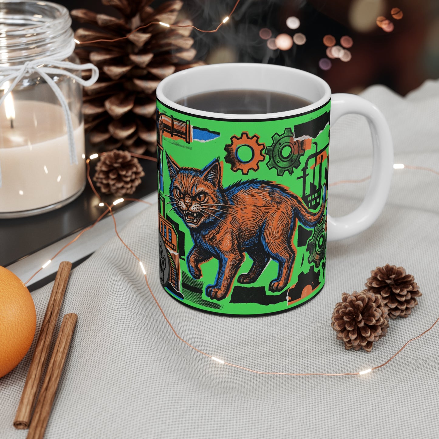 IndustrialCat - Green Collage Poster - 11oz Mug Ambi Handle - Industrial Steampunk Cat Mug – Orange Tabby, Gears & Pipes 11oz