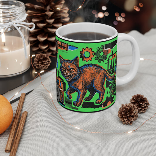 IndustrialCat - Green Collage Poster - 11oz Mug Ambi Handle - Industrial Steampunk Cat Mug – Orange Tabby, Gears & Pipes 11oz