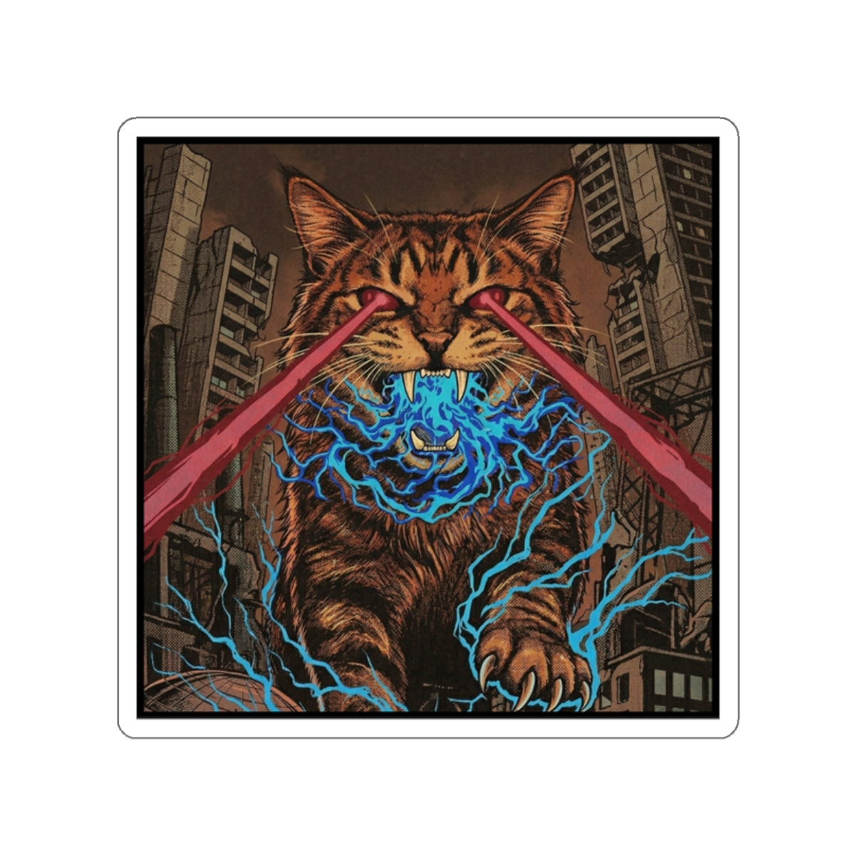 CityCat Attacks! - Dark - Red Lasers - Laser-Eyed Cat Die-Cut Sticker — Retro Kaiju City Illustration