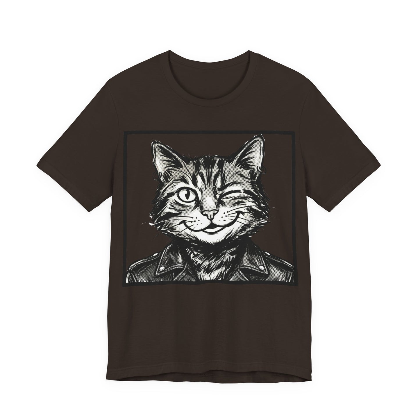 WinkyCat - Leather Jacket (NO Gesture) - Winking Cat Portrait Tee – Retro Rocker Biker Cat Graphic T-Shirt