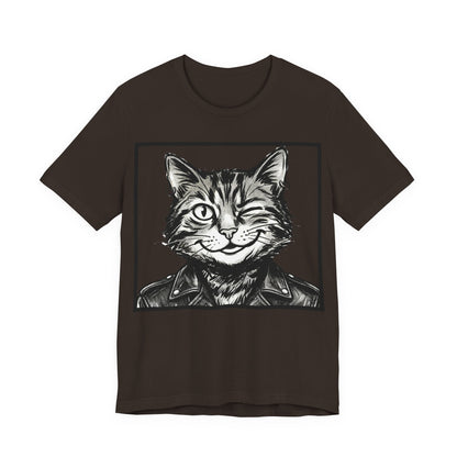 WinkyCat - Leather Jacket (NO Gesture) - Winking Cat Portrait Tee – Retro Rocker Biker Cat Graphic T-Shirt