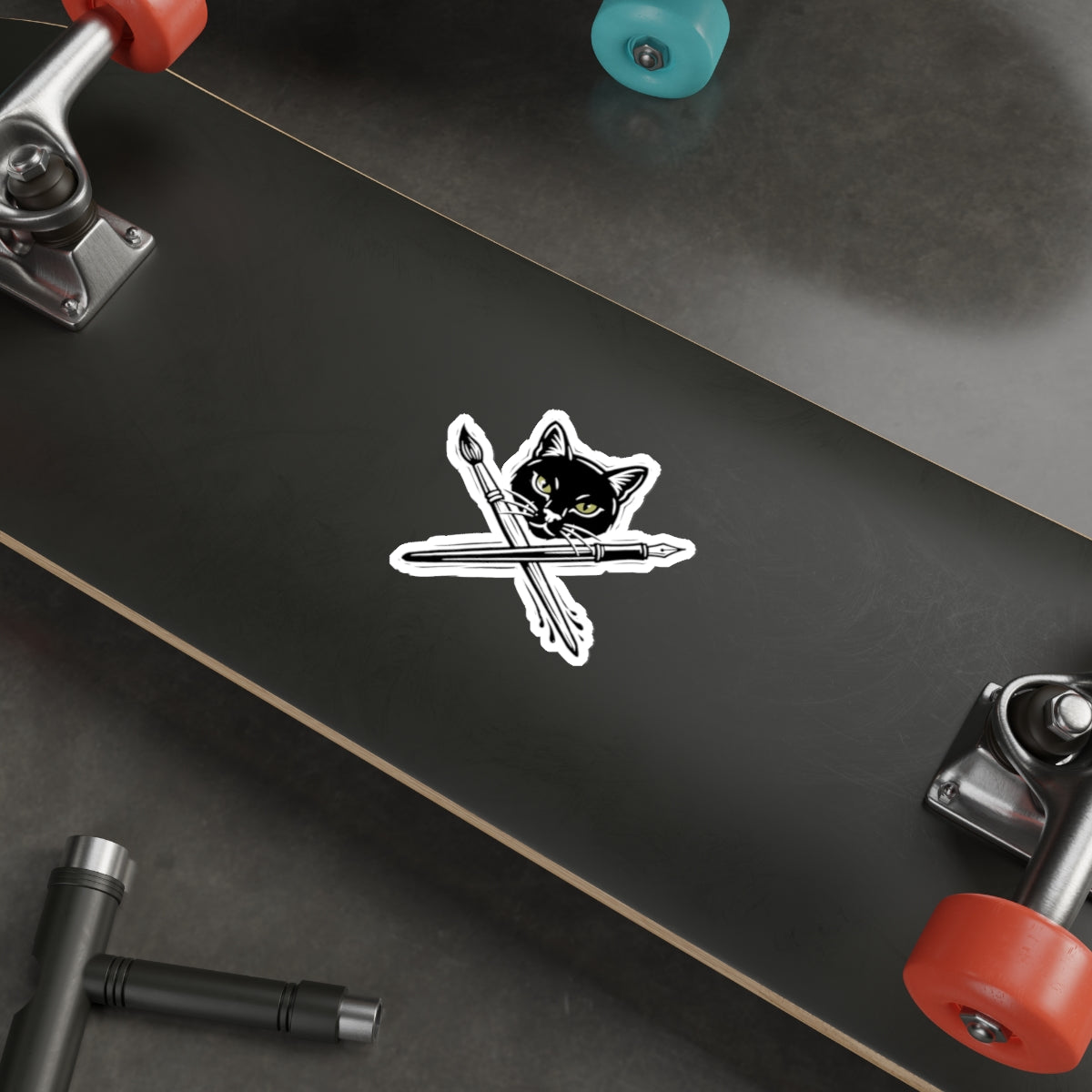 CreativeCat - Black Cat & Art Tools Die-Cut Sticker — Artistic Cat Head with Crossed Paintbrush & Pen
