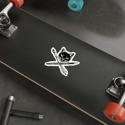 CreativeCat - Black Cat & Art Tools Die-Cut Sticker — Artistic Cat Head with Crossed Paintbrush & Pen