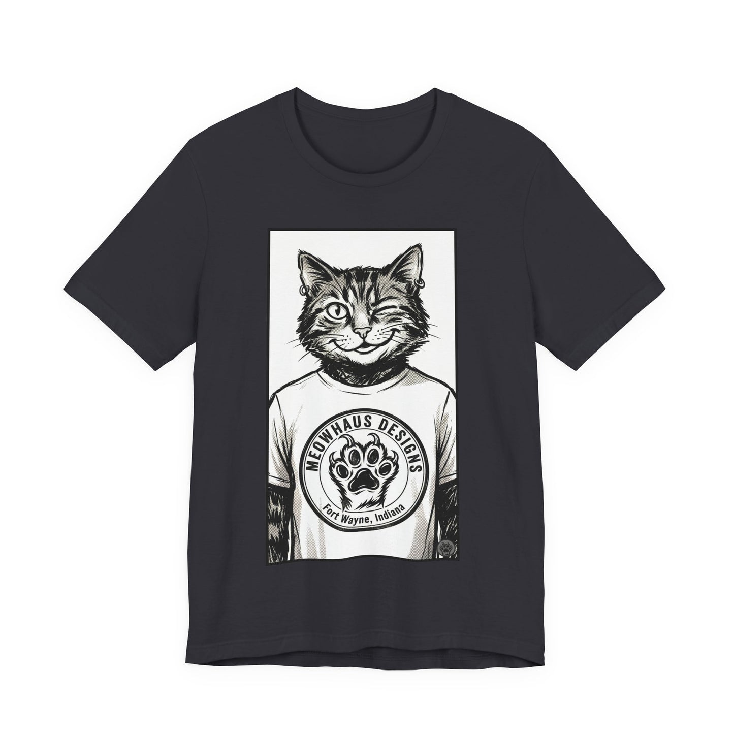 WinkyCat - Wearing the MHD Logo T-Shirt - Cat Portrait T‑Shirt — Retro Graphic Cat Wearing Logo Tee