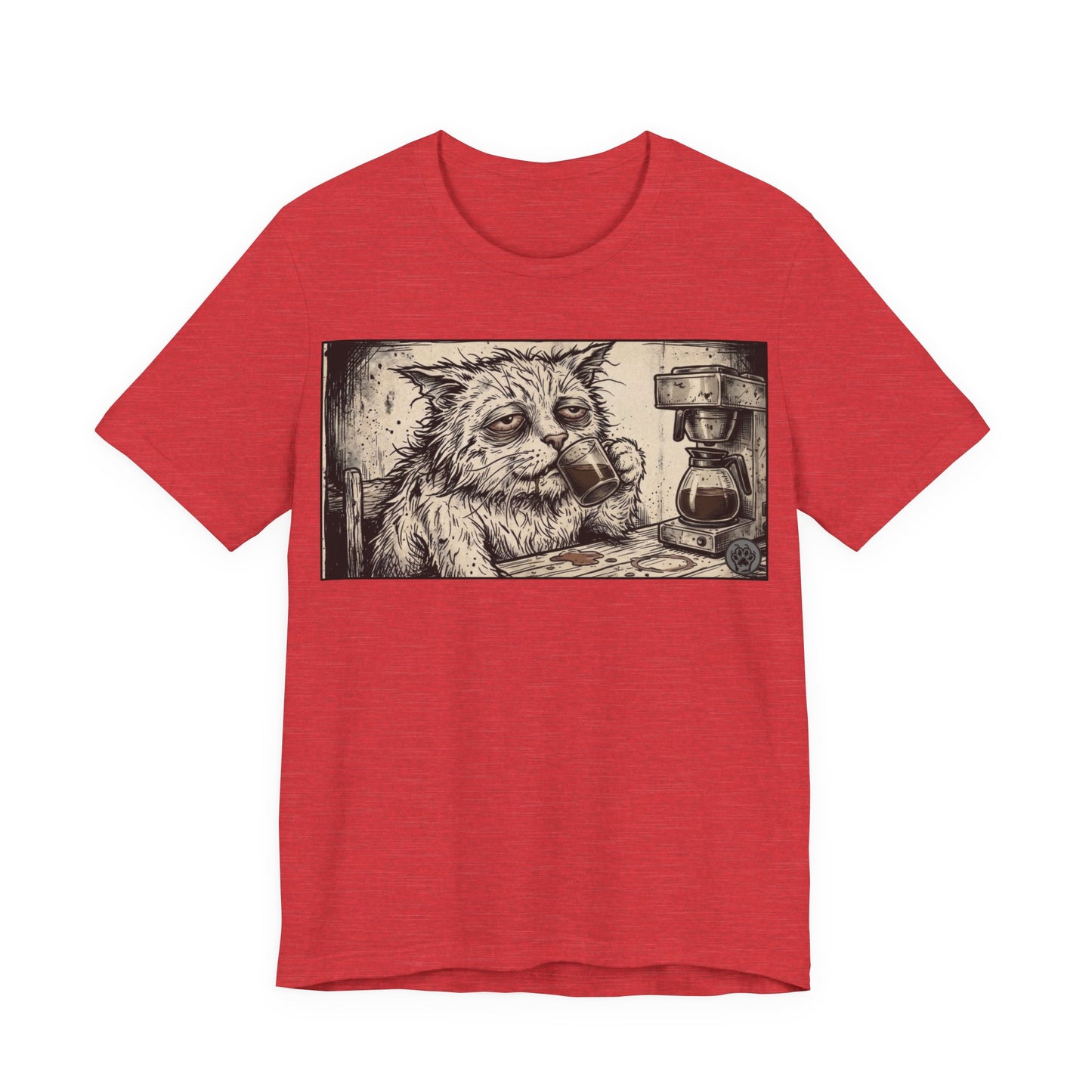 Scraps "GFM" Horizontal - Cat Drinking Coffee T‑Shirt — Vintage Sketch Tired Depressed Cat Drinking Coffee Graphic Tee